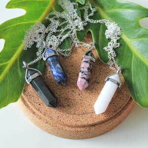 Healing Crystal Boho Necklace. Crystal Point Pendant Necklace. Natural Stone Hematite, Sodalite, Rhodonite, White Quartz.