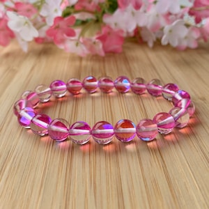Mystic Aura Quartz Bracelet, stackable, uplifting, magical, angel bracelet, iridescence mala, pink color, calming,  AAA 8.5 mm gemstone