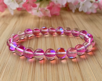 Mystic Aura Quartz Bracelet, stackable, uplifting, magical, angel bracelet, iridescence mala, pink color, calming,  AAA 8.5 mm gemstone