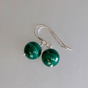 Malachite Earrings, Sterling Silver Earrings, AAA 10 mm Beads, Green Beads, Protection, Healing Malachite, Dangle Earrings