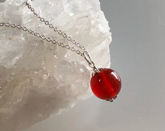 Dainty Carnelian Necklace, Ball Pendant, 925 Silver Jewelry, AAA 10mm, Motivation and Positivity Necklace, Minimalist Layering Necklace