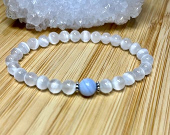 Selenite Bracelet, 6mm AAA+8mm Blue Lace Agate, Meditation, Cleansing, Purification, Connect to our Higher Self, Mental Clarity, Wrist Mala