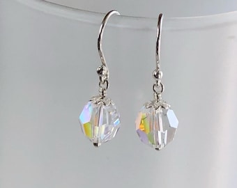 Crystal Earrings, 8mm Faceted Bead, Multi Color Dangle Earrings, Sterling Silver Jewelry, Birthday Gift For Teen, Simple Earrings