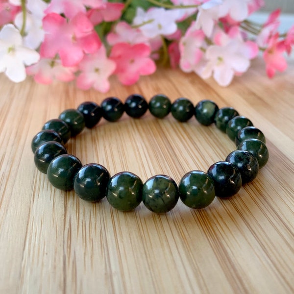 Canadian Jade, Dark Green Jade Bracelet, 8.5 mm Beads, Semi Precious Stones, Good Fortune, Friendship Gift, Yoga, Stacking Mala