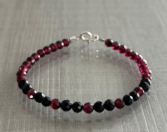 Garnet and Black Tourmaline Bracelet, 3-4mm Faceted Gemstones,  Wrist Bracelet for Positivity, Commitment, Protection, Chakra Bracelet