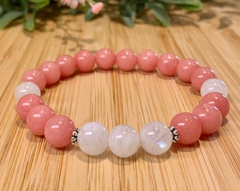 AAA Coral Pink Quartz and Moonstone,  8.3 mm Wrist Bracelet For Purity, Good Fortune, Attracts Prosperity, Abundance Love , compassion