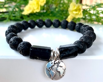 Lava rock bracelet, world globe charm, traveller bracelet, bon voyage bracelet, safe travels bracelet, vacation wrist bracelet, men's gift