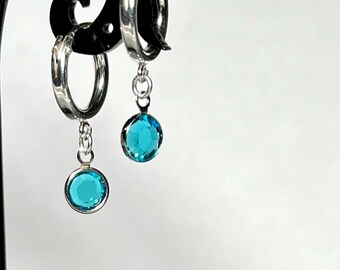 Birthstone Earrings, Sterling Silver Hoop Earrings, Swarovski Birthstone Dangle, Minimalist Sparkle Jewelry, Birthday Gift For Her