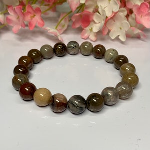 Petrified Wood Bracelet, Stretchy AAA 8mm Bracelet, Mix Earth Tone Color, Man or Woman Bracelet, Glossy Wrist Bracelet, Yoga