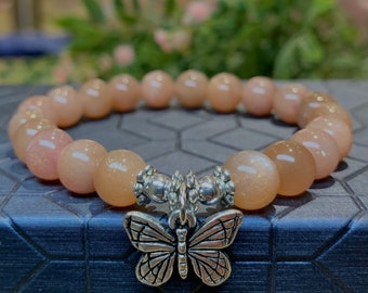 Sunstone Bracelet, Mother 's Day, A 8mm Gemstones, Pink Gold Flash Mala, Natural Gemstones,  Butterfly Charm, New Beginnings