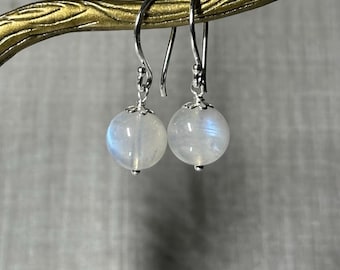 Moonstone Earrings, Genuine AAA  10mm Moonstone, Sterling Silver, Translucent Gemstone, Short Dangle Ball Earrings, June Birthday