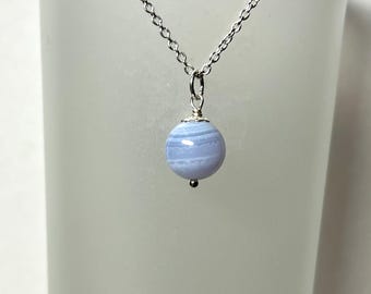 Blue Lace Agate Necklace, Genuine Blue Lace, Soothing Blue Lace, Ball Pendant, 925 Sterling Silver Jewelry, Layering Necklace