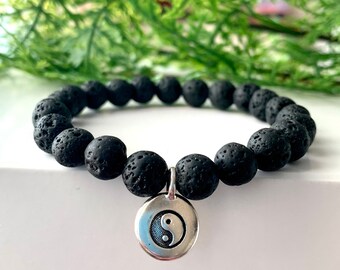 Lava stone mala bracelet, 8 mm stones,  oil diffuser bracelet, aromatic mala, men's bracelet, yin yang charm,, root chakra, meditation mala