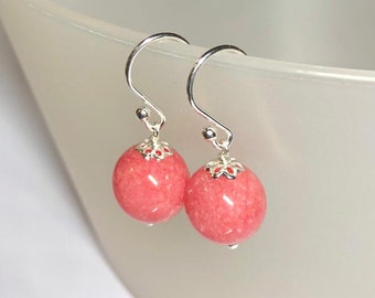 Coral Pink Quartz Earrings, 925 Sterling Silver Earrings,  Ball Earrings, Drop Earrings For Prosperity, Good Fortune,  Gift for her
