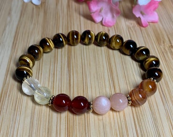 AAA Tiger Eye, Citrine, Carnelian, Sunstone, Sardonyx, Good Luck, 6/8/mm  Healing Gemstones, Stone of Strength, Autumn Bracelet