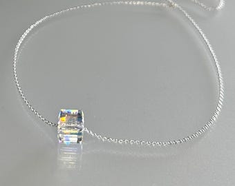 Crystal Floating Cube Necklace, Solitaire Necklace/Choker, Swarovski Element Pendant, Iridescent, 925 Sterling Silver Jewelry, Layering