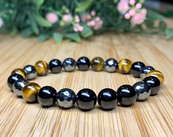 AAA Black Tourmaline Tiger Eye & Faceted Hematite Wrist Bracelet For Strength, Triple Protection, Peace, Forgiveness, Love Yourself