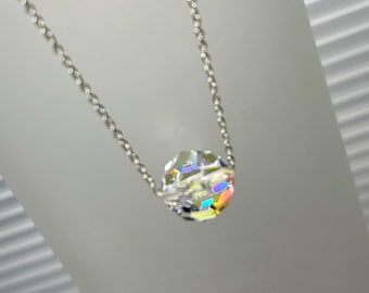 Dainty Aurora Bead Choker /Necklace, Floating 6,8,10mm Swarovski Clear AB Faceted Crystal, Solitaire Faceted, 925 Sterling Silver Chain