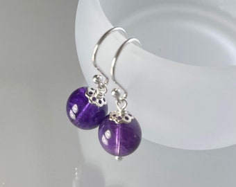 Amethyst Earrings, 925 Silver, Purple Gemstone Jewelry, AAA 8mm Amethyst, Short Dangle Earrings, Sterling Silver, Birthday Gift