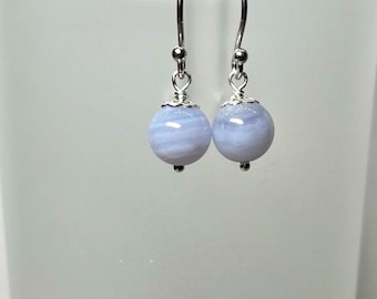 Blue Lace Agate Earrings, Genuine 7mm Gemstone, Short Dangle Earrings, Soothing Blue Lace, Sterling Silver, Gift For Her