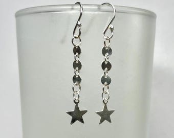Sequin Chain Earrings, Dainty Sterling Silver Jewelry,  Long Dangle Earrings, Star Minimalist  Everyday Jewelry,