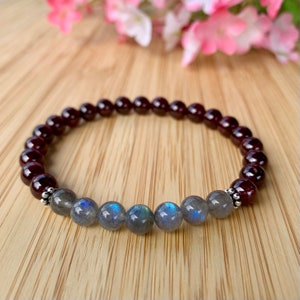 AAA Grade Labradorite & Dark Red Garnet bracelet 6/8 mm gemstones, commitment mala, feminine power