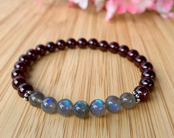 AAA Grade Labradorite & Dark Red Garnet bracelet 6/8 mm gemstones, commitment mala, feminine power
