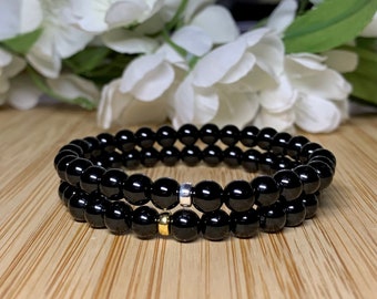 Mini Black Tourmaline Bracelet, AAA 6mm Beads, Gold/silver