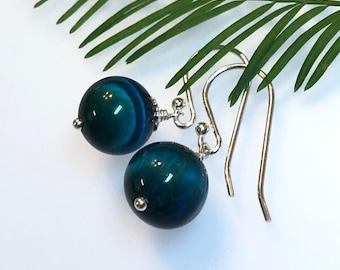 Tiger Eye Earrings,  Minimalist Drop Earrings, AAA 10 mm Beads, Silver Jewelry, Iridescent  Blue Green Earrings, Gift for her