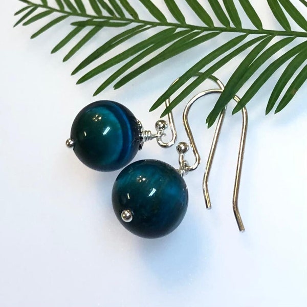 Tiger Eye Earrings,  Minimalist Drop Earrings, AAA 10 mm Beads, Silver Jewelry, Iridescent  Blue Green Earrings, Gift for her