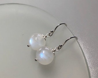 Moonstone Earrings, Genuine AAA  8mm Moonstone, Sterling Silver, Translucent Gemstone, Short Dangle Ball Earrings, June Birthday