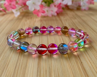 Mystic Aura Quartz Bracelet, stackable, uplifting, magical, angel bracelet, iridescence mala, rainbow color, calming,  AA 8.5 mm gemstone