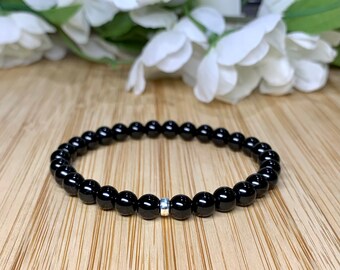Mini Black Tourmaline Bracelet, AAA 6mm Beads, Gold/silver