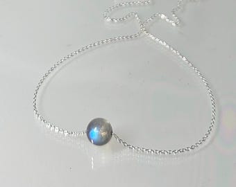 Dainty Floating Labradorite Choker/Necklace, Genuine Labradorite Pendant, Sterling Silver, Jewelry for Women, Minimalist Layering Necklace