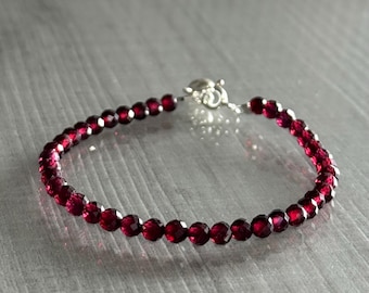 Garnet Bracelet, 3-4mm  Faceted Gemstones,  Wrist Bracelet for Positivity, Commitment,  January Birthstone, Silver Heart, Root Chakra