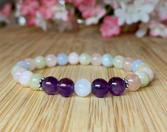 Beryl Morganite Bracelet AAA Amethyst & AAA moonstone bracelet, 8mm stones, natural crystals, girlfriend, teen gift, birthday gift for her