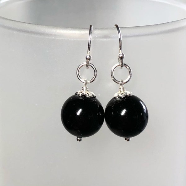 Black Tourmaline Earrings, Sterling Silver Earrings, AAA 10mm Beads, Silver Jewelry, Protection, Grounding Tourmaline,Gift for her