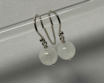 Moonstone Earrings, Genuine  8mm Moonstone, Sterling Silver, Translucent Gemstone, Short Dangle Ball Earrings, June Birthday