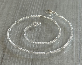 Sterling Silver Figaro  Diamond - Cut Chain Anklet or Choker,  Everyday Women's Jewelry, Gift for Her