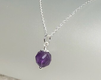 Amethyst  Necklace, 8mm Faceted Gemstone, Ball Pendant, Love Yourself, 925 Sterling Silver Jewelry, February Birthstone, Layering Necklace