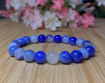 Dark Blue Agate Bracelet, Stripe Bracelet, 8 mm Stacking Bracelet For Good Fortune, Relieves Stress For Well Being, calming bracelet