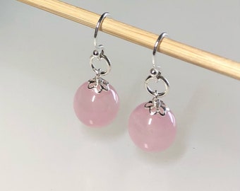Rose Quartz Earrings, Sterling Silver Earrings, AAA 10 mm Bead, Unconditional Love, Heart Chakra, Protection, Gift for her