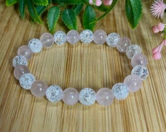 Rose Quartz/ Crackle Quartz  bracelet, 8mm mala for love, kindness, friendship, compassion, summer wrist bracelet, girlfriend, sister gift