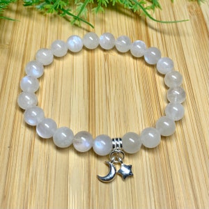 AAA Rainbow Moonstone, Sterling Silver Crescent Moon & Star, Bridal Gift, Calming Bracelet, Stacking Mala, Divine Goddess Mala