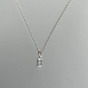 Peut inclure: Un collier argenté avec une chaîne délicate et un petit pendentif en forme de lettre "B". Le pendentif est centré et suspendu à la chaîne. Le fond est une surface claire et réfléchissante.