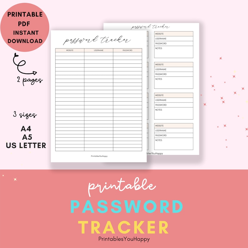 Password Tracker Printable Instant Download A4 A5 Us - Etsy