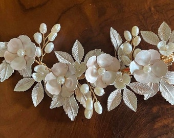 Handmade Metal, Floral Bridal Comb, Designed with Nature  pearl, Normal Pearl ,Crystals and Rhinestone/ 4'' to 5.5''