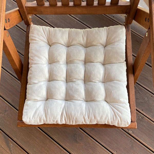 Square Chair Cushion with Ties, Natural Textured Raw Cotton Seat Pad, Custom Handmade