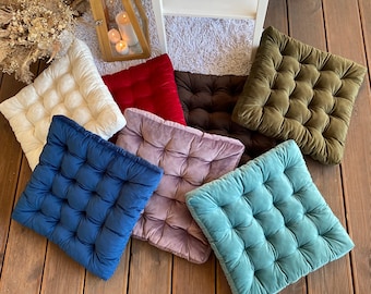 Velvet Square Chair Cushion - Tufted Seat Pad with Ties