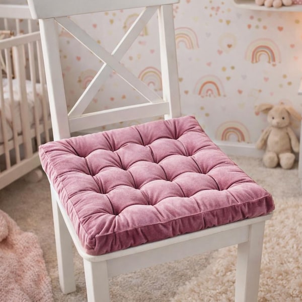 Cojín de silla de terciopelo rosa ruborizado, cojín cuadrado hecho a mano con mechones, cojín femenino para guardería.